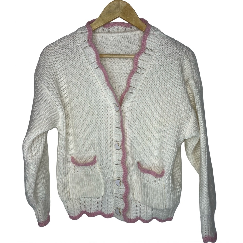 Jianhu heart Cozy White and Pink Women's Sweater with heart buttons